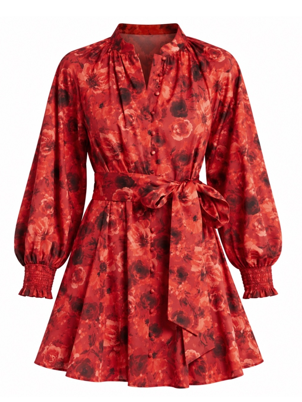 Alice + Olivia Red Floral Tie-Waist Mini Dress